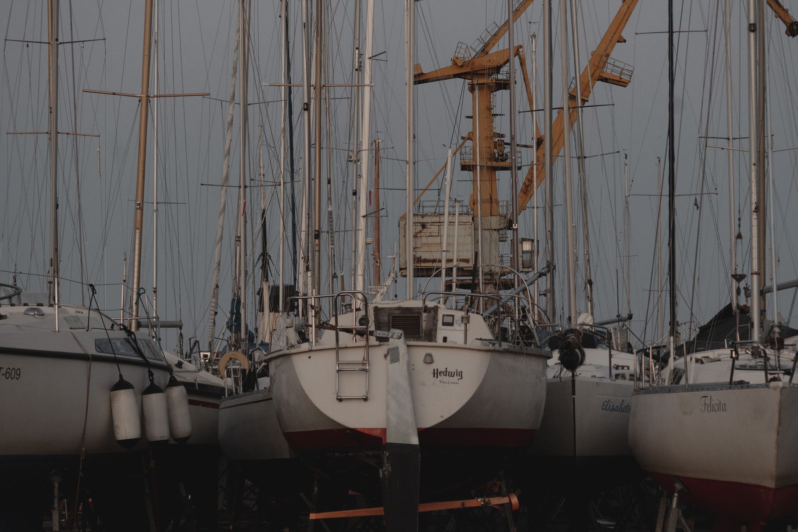 Sailing yachts ashore in a boatyard